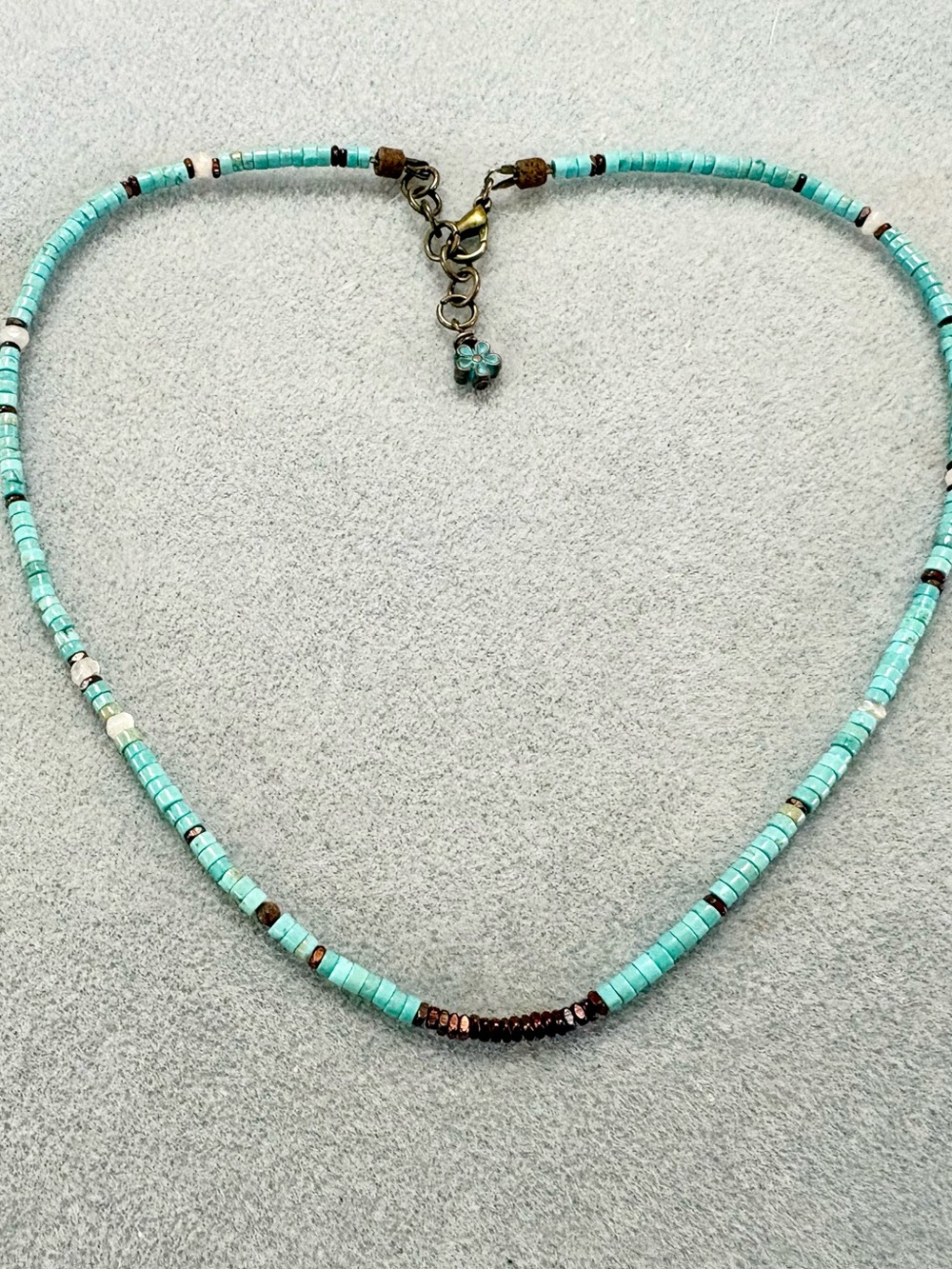 Turquoise Beaded Necklace with Bronze Accent - Women's Boho Jewelry- 16.75 inche